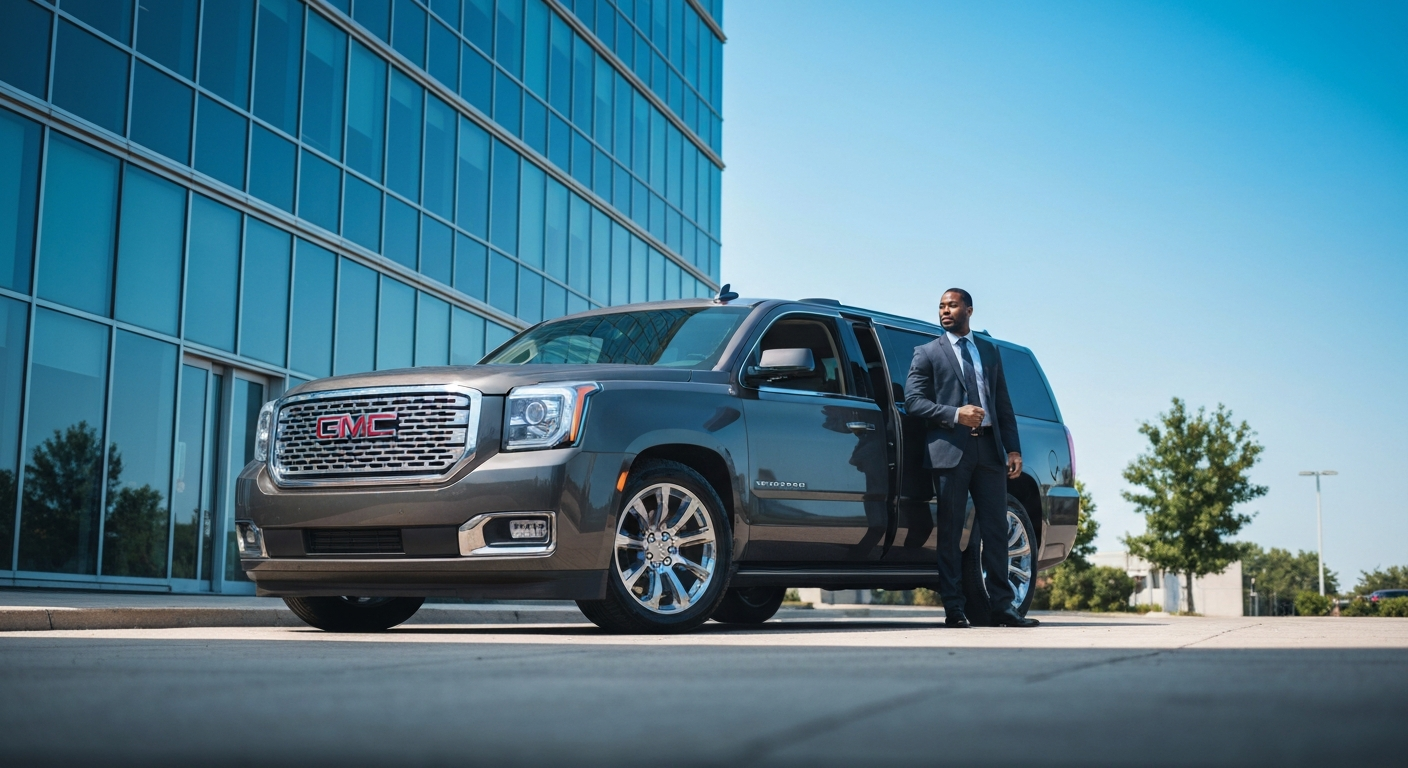 Professional driver standing beside a luxury SUV on a bright clear day