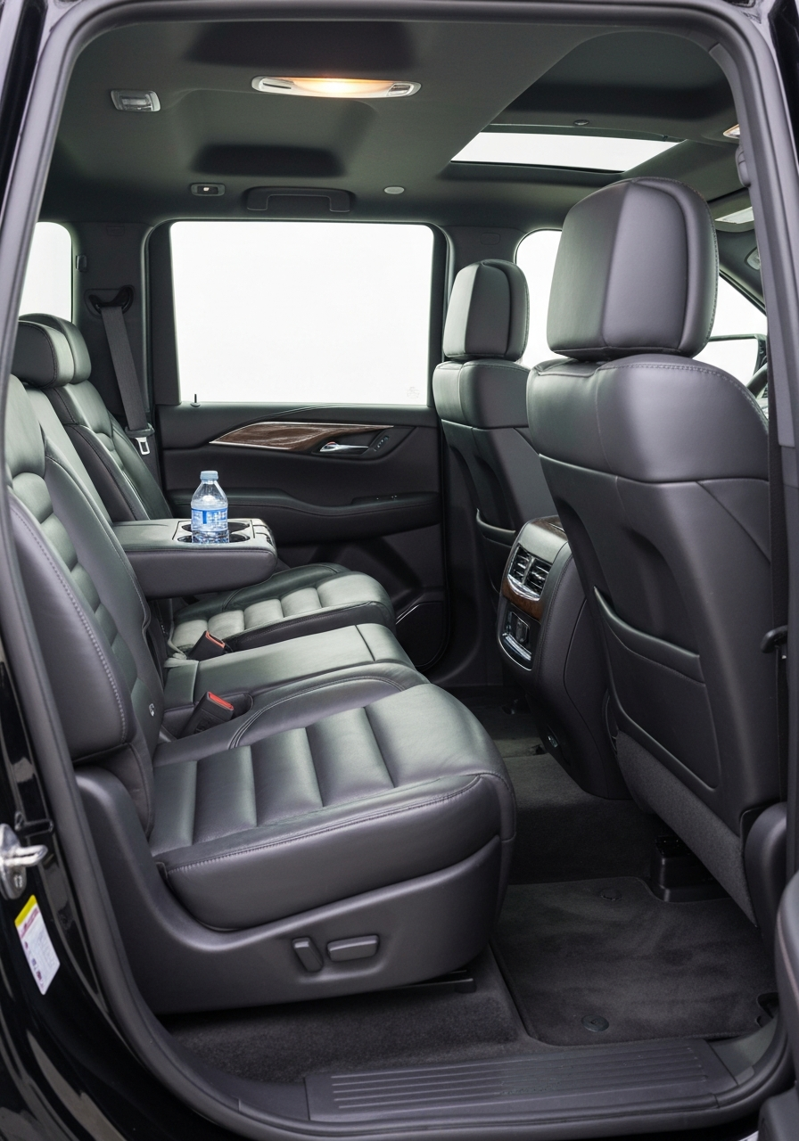 Rear interior of a large black Cadillac Escalade on a bright day