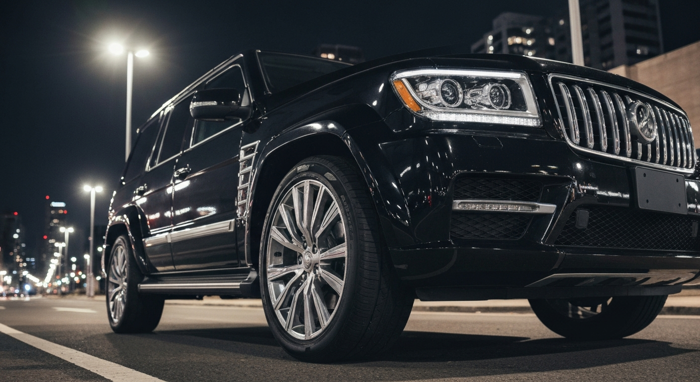 Polished black luxury SUV at night