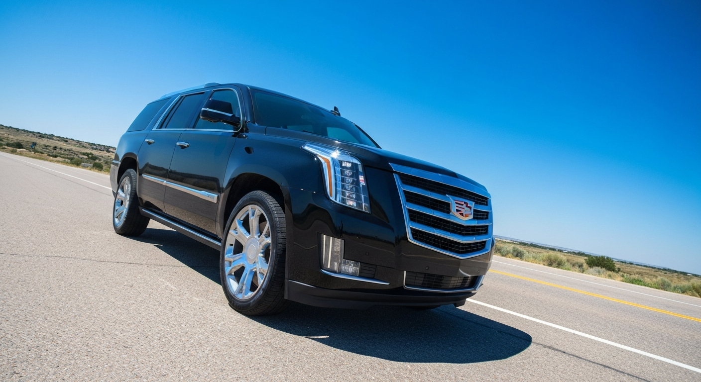 Cadillac Escalade parked on a wide open road in Dallas, TX on a bright clear day