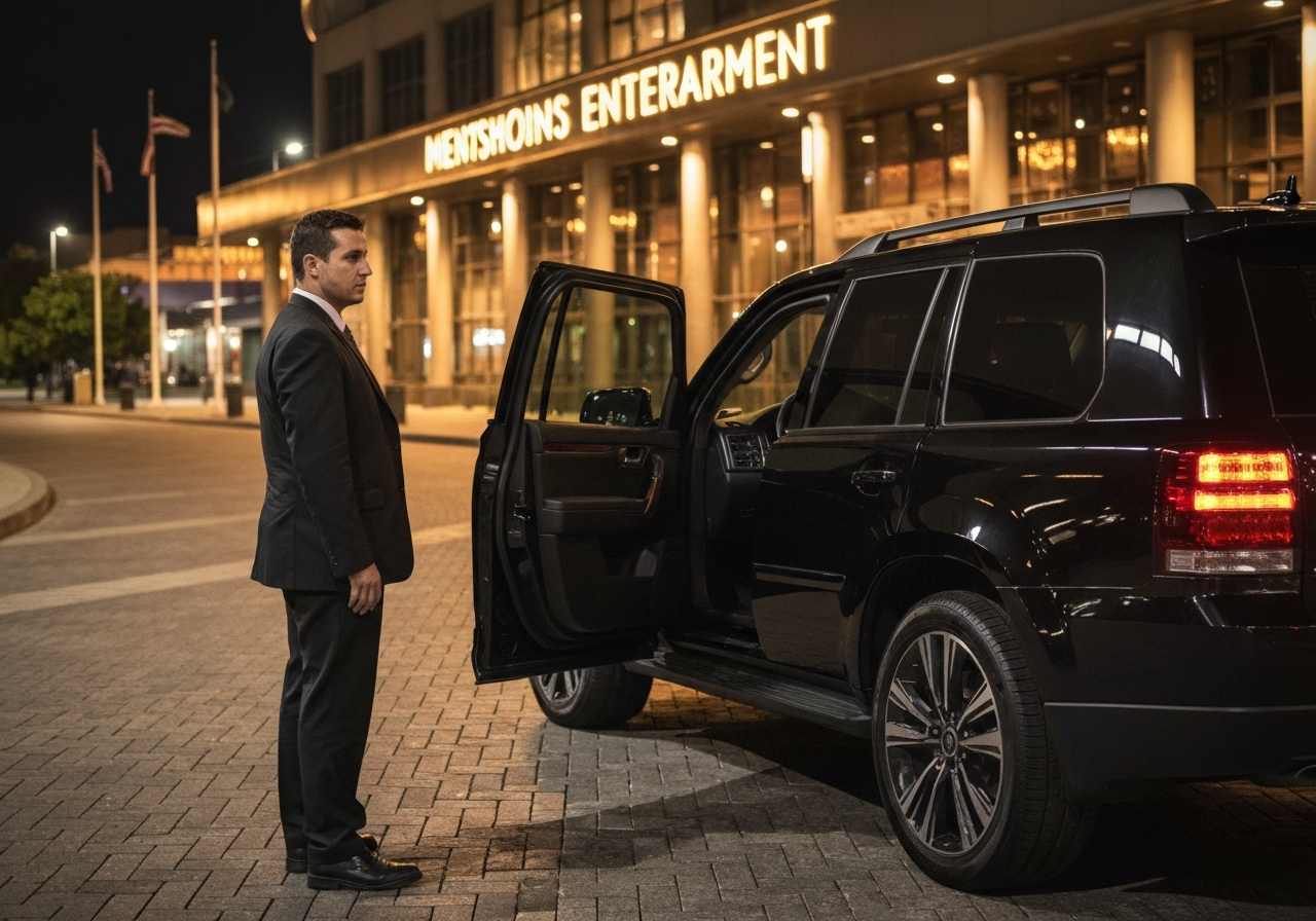 Uniformed driver standing at open rear door of luxury SUV outside venue