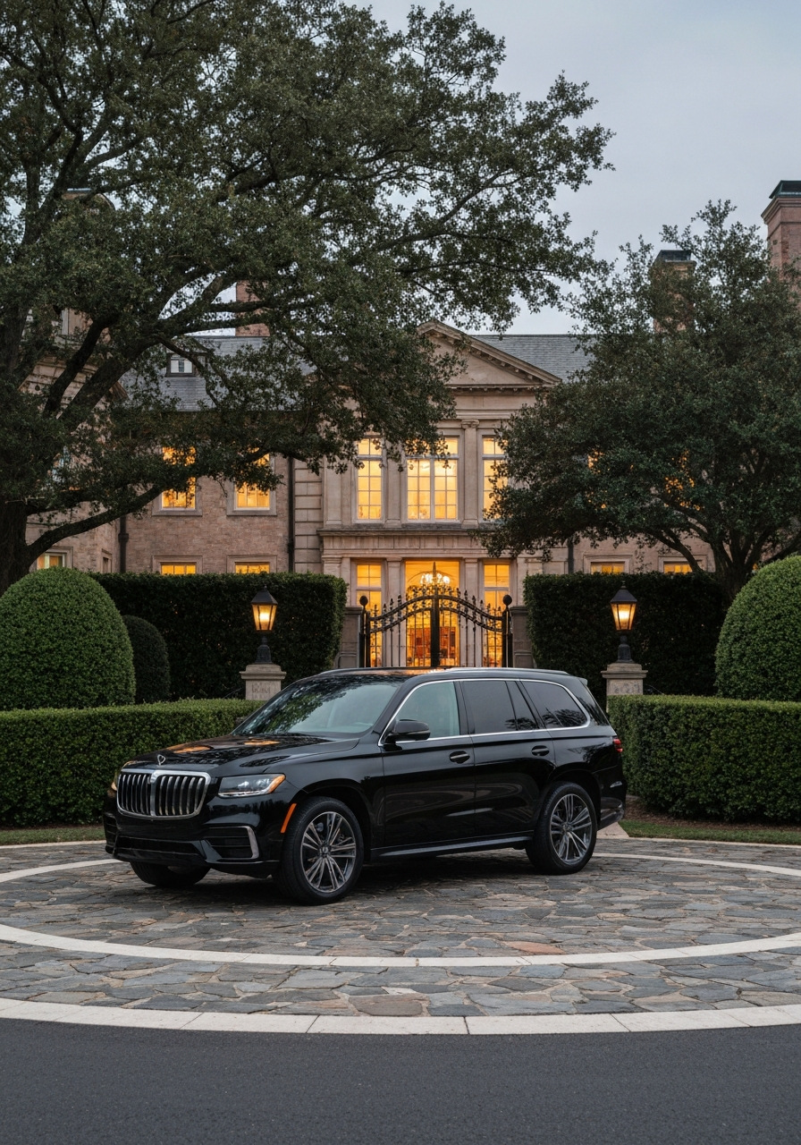 Polished black luxury SUV parked outside a grand Southern estate at dusk