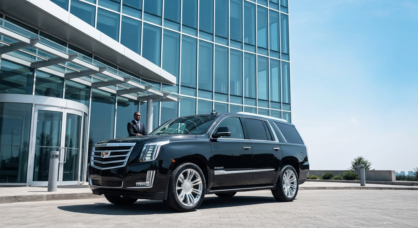 Cadillac Escalade parked at modern office building on a bright clear day