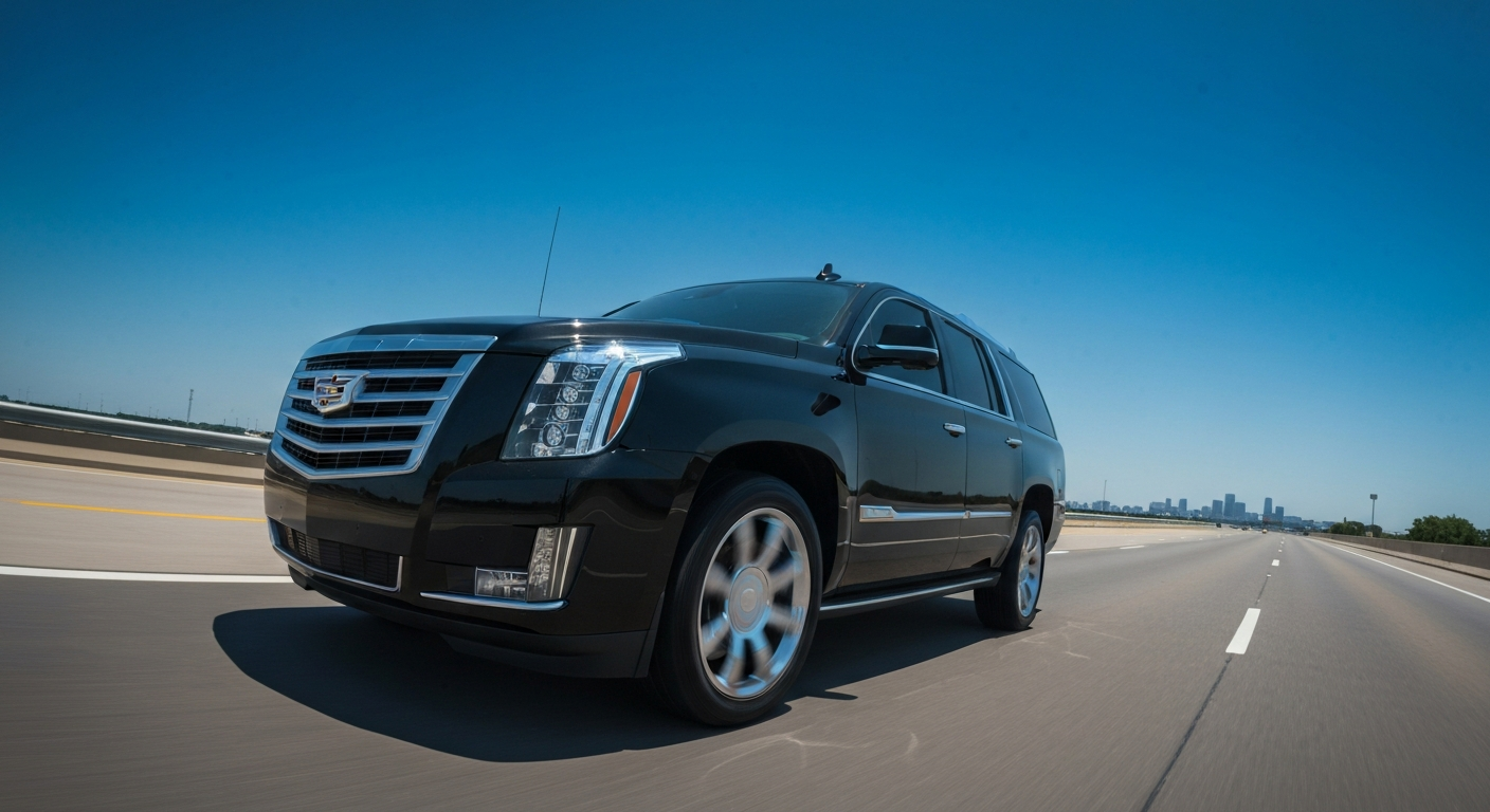 Polished black luxury SUV driving on a wide Dallas highway on a bright clear day
