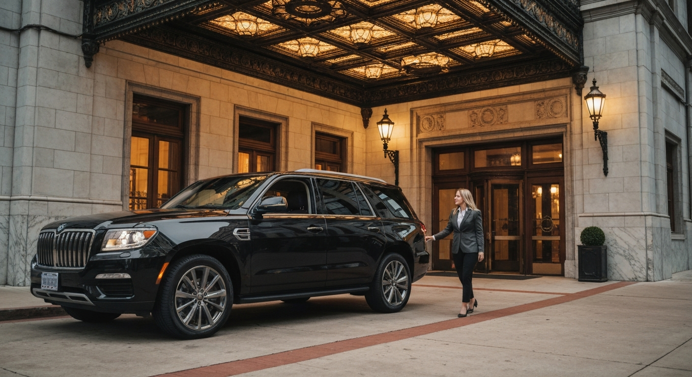Black luxury SUV at entertainment venue entrance