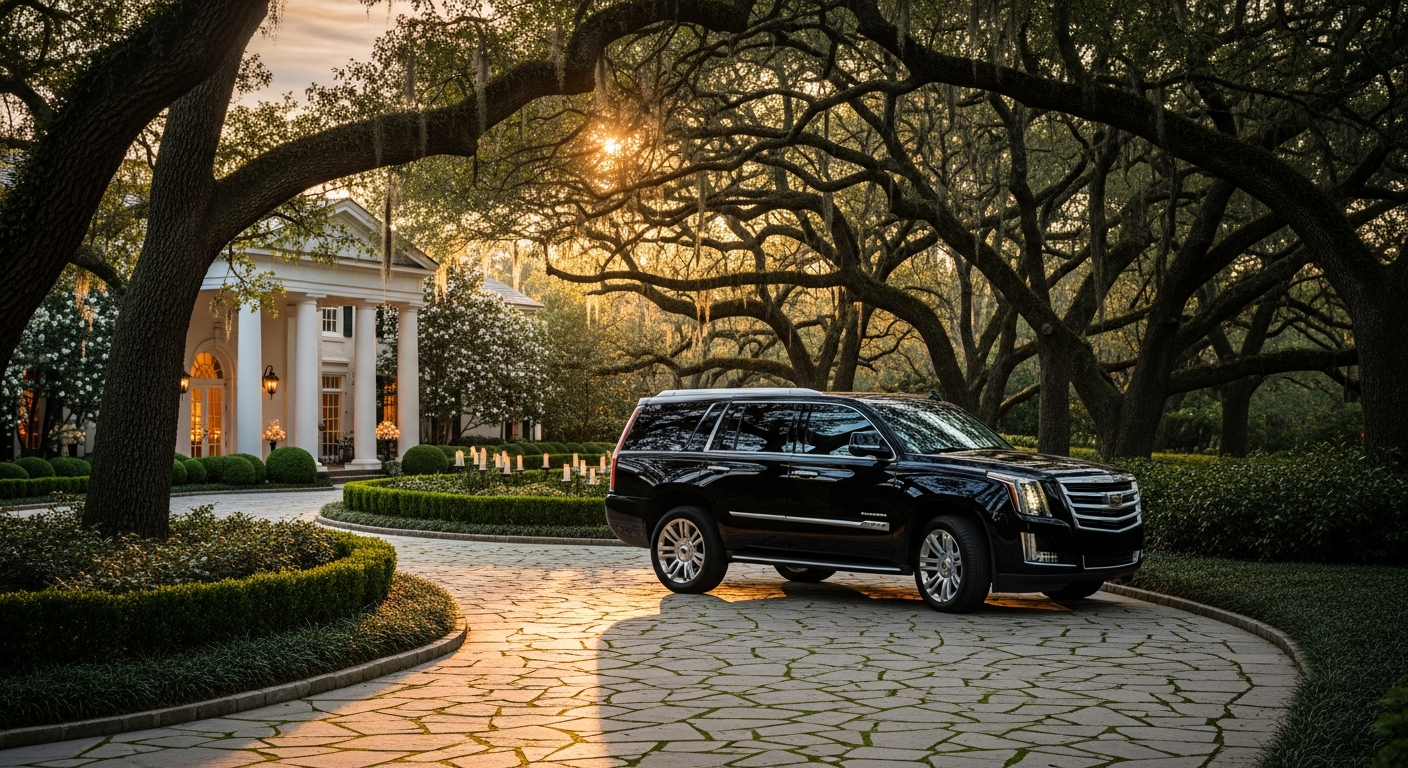 Black luxury SUV outside an elegant Southern estate venue at golden hour