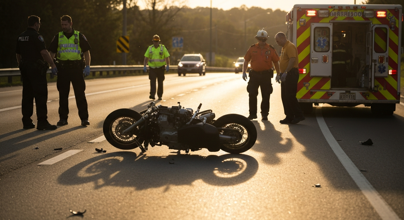 Motorcycle accident scene on a Virginia highway near Woodbridge with emergency responders