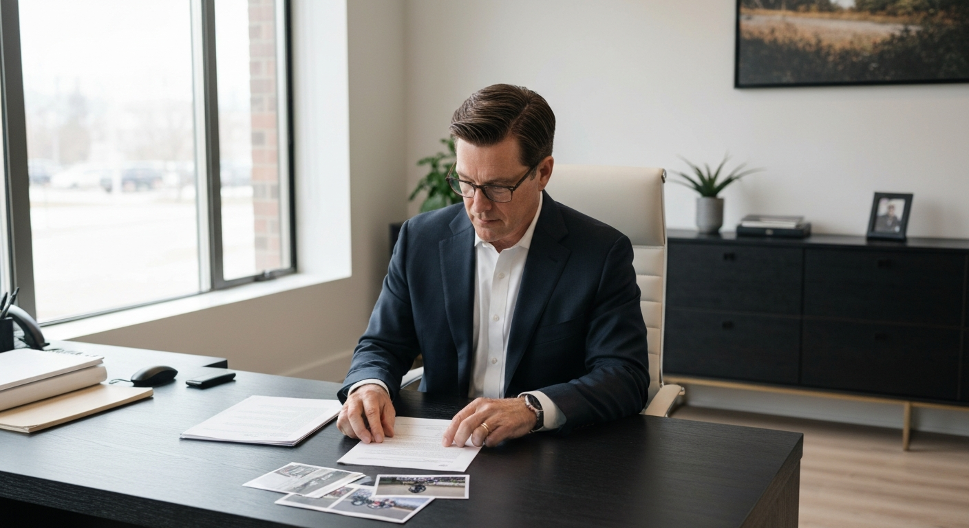Personal injury attorney reviewing motorcycle accident case files at Johnson Law Firm in Woodbridge Virginia