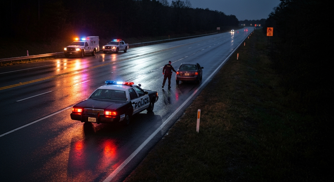 Police car with flashing lights at night on a Virginia highway representing a serious felony DUI arrest scene