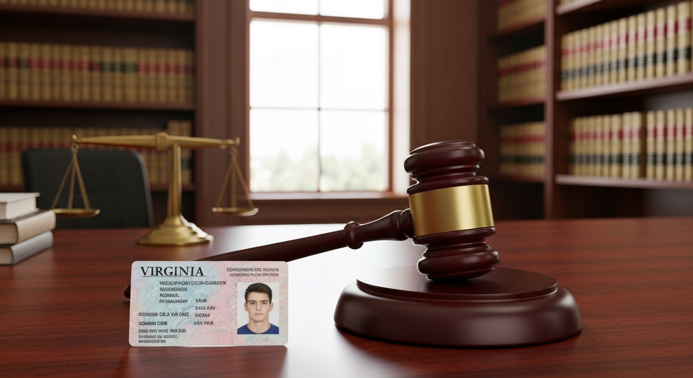 A gavel and a Virginia driver's license on a wooden desk representing the legal consequences of an underage DUI