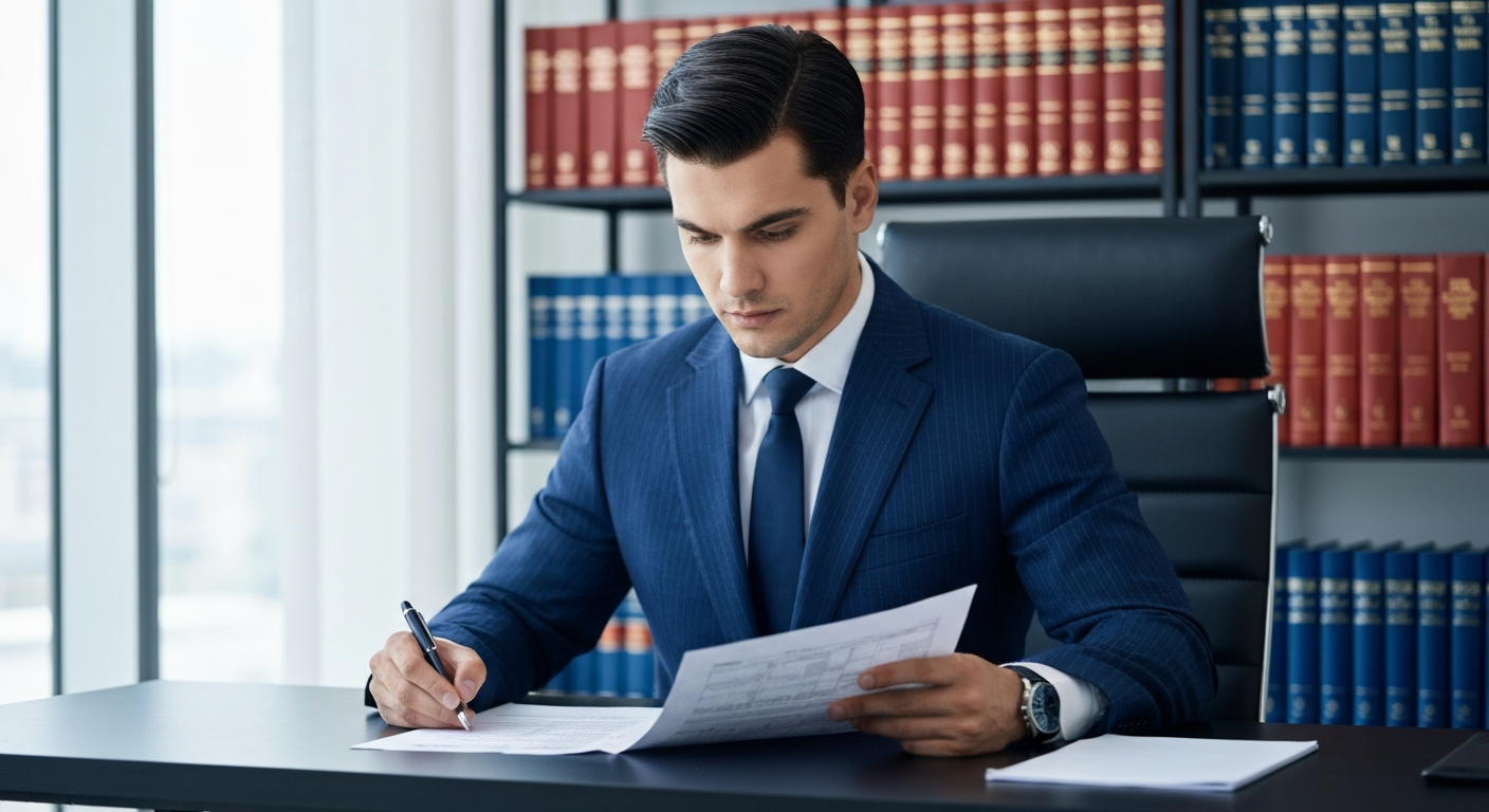 Professional personal injury lawyer in a sharp suit reviewing medical records and accident reports in a modern law office