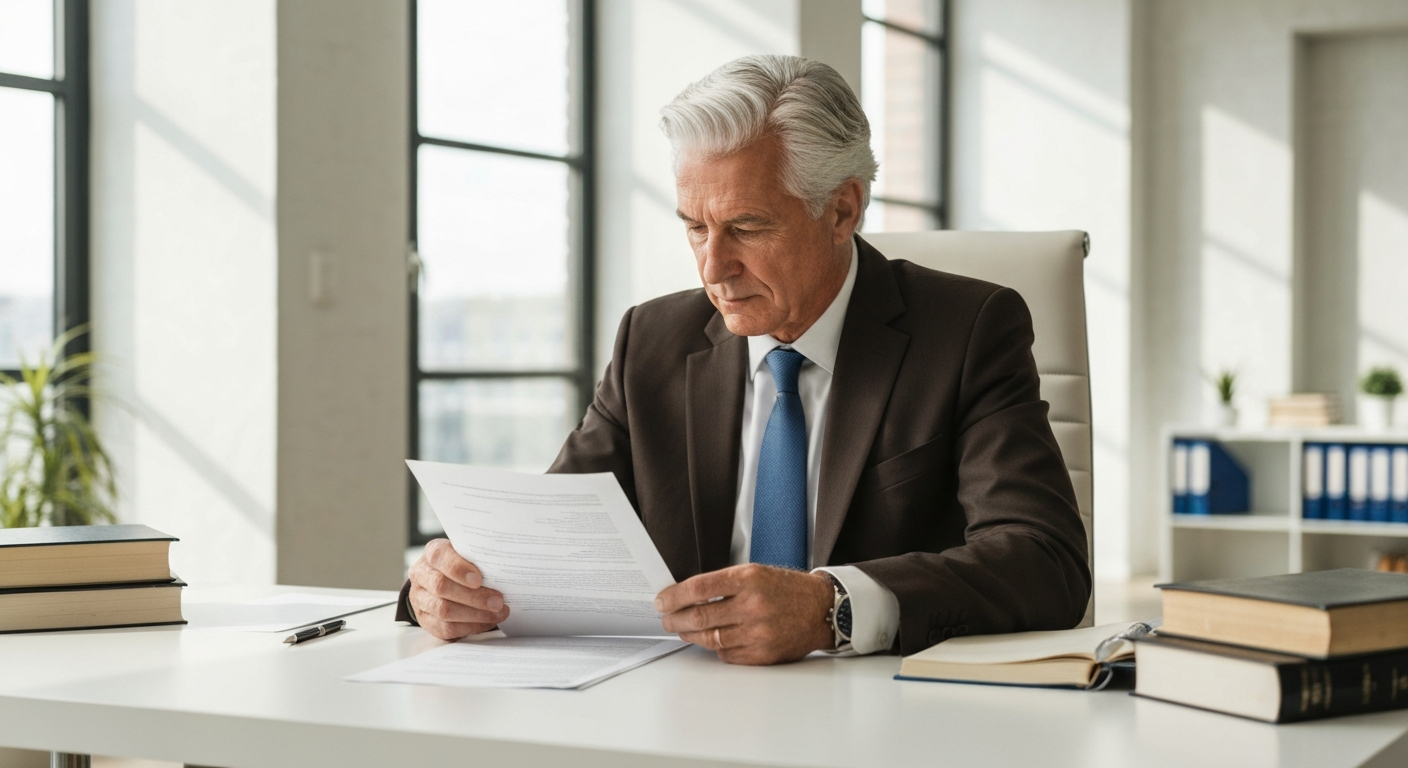 Professional personal injury lawyer reviewing accident report documents in a modern office