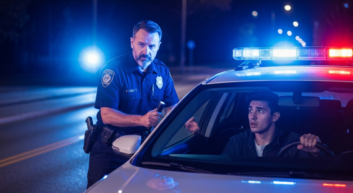 A police officer pulling over a young driver at night with blue and red flashing lights representing an underage DUI traffic stop