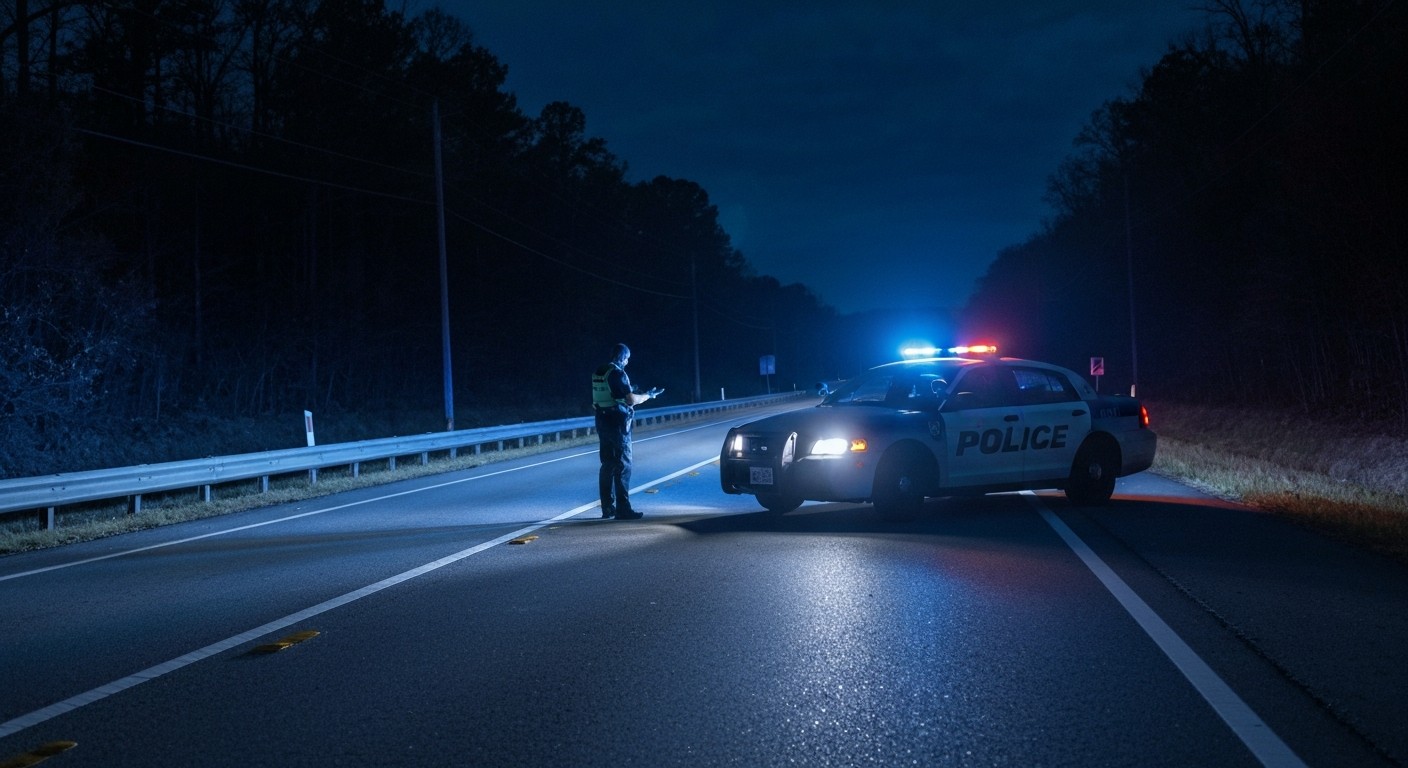 Police car with flashing lights pulling over a vehicle at night on a Virginia highway representing a DUI traffic stop
