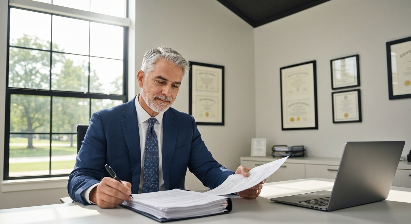 Professional personal injury lawyer reviewing premises liability and slip and fall accident reports in a modern law office