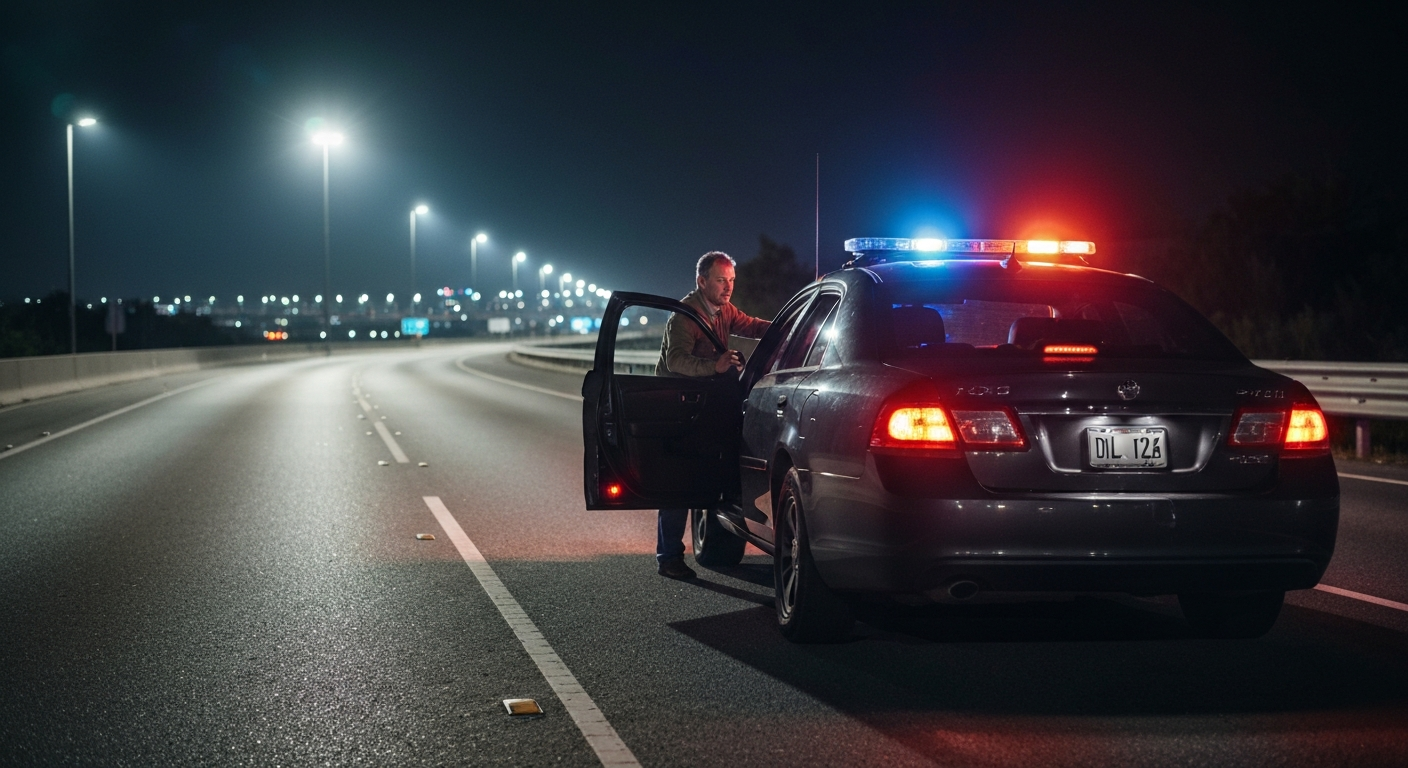 Police car with flashing lights pulling over a vehicle at night on a highway in Virginia representing a DUI traffic stop