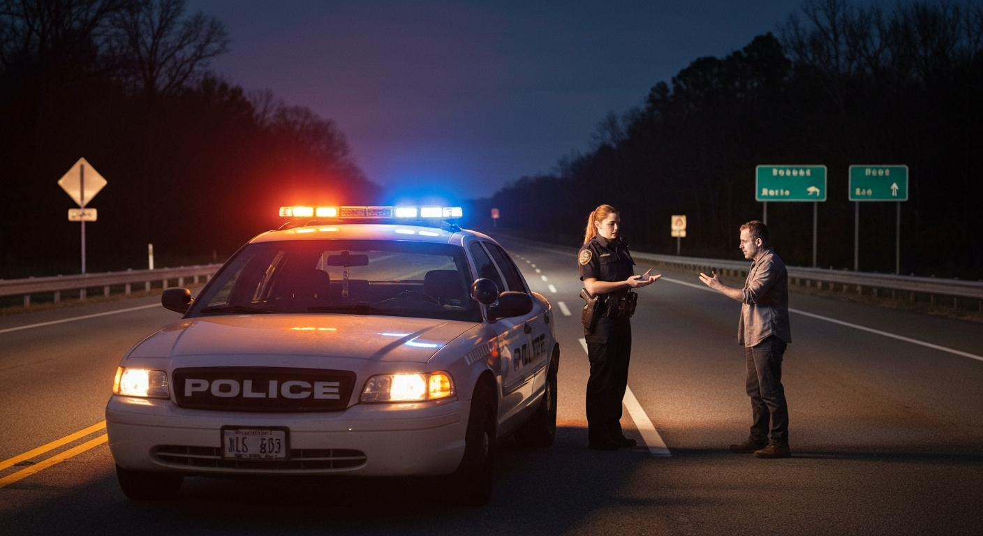 A police cruiser with flashing lights at a nighttime traffic stop on a Virginia highway representing a DWI arrest scenario