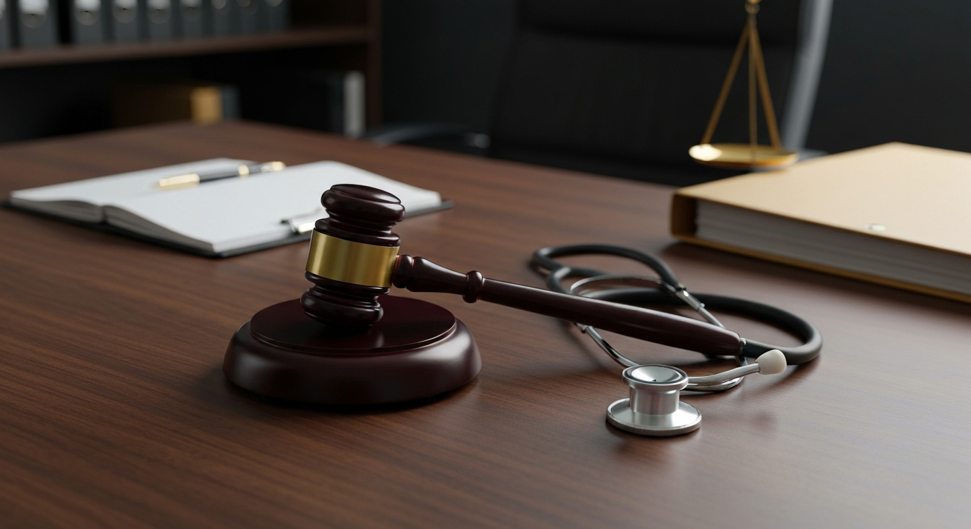 A gavel resting next to a medical stethoscope on a polished wooden desk, representing personal injury law and medical compensation