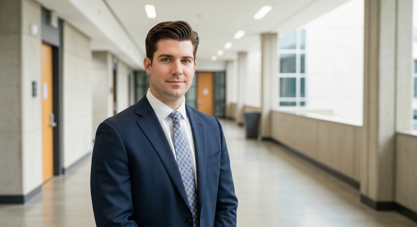 Professional criminal defense lawyer standing confidently in a modern Virginia courthouse hallway representing felony DUI defense
