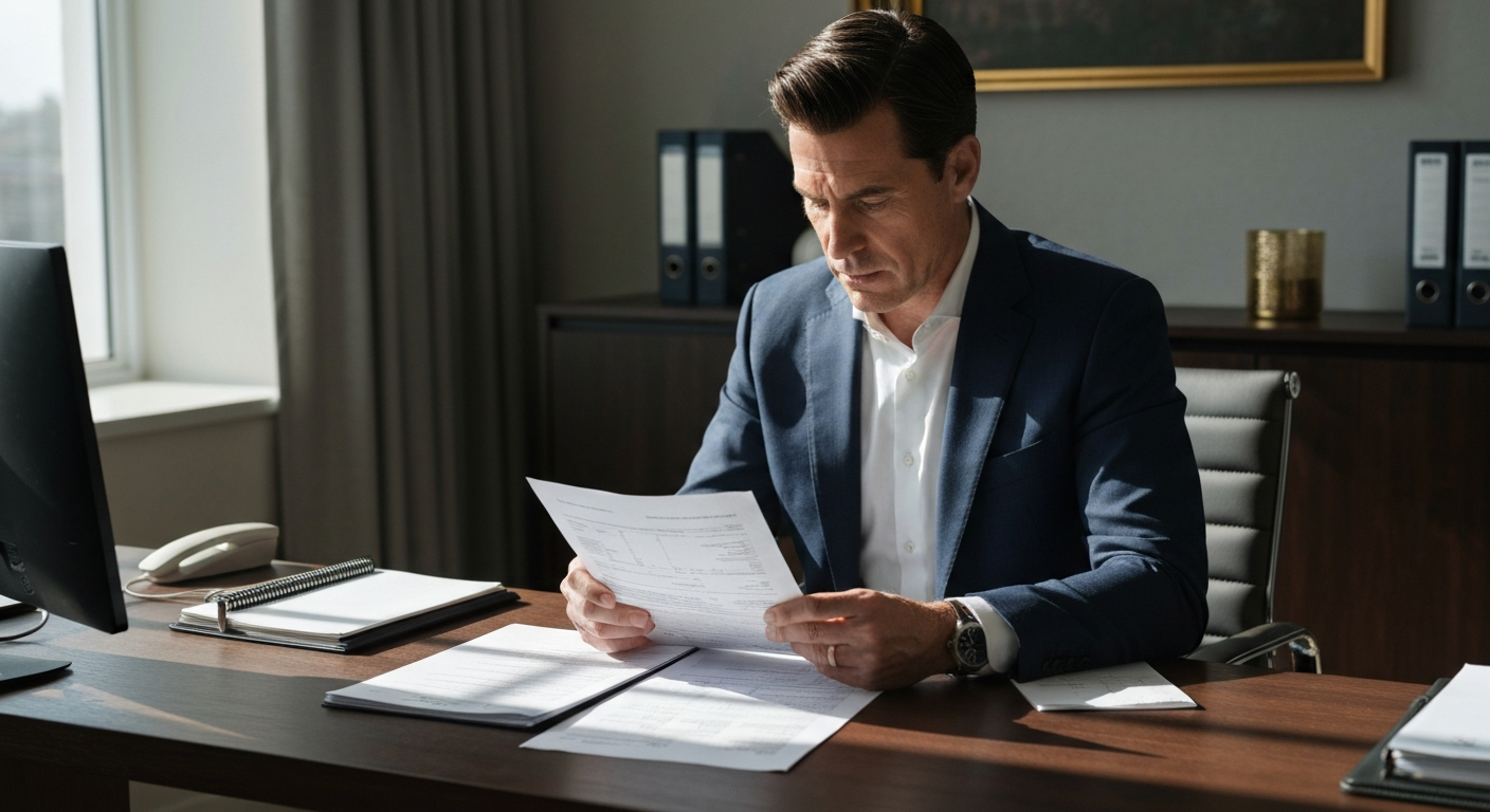 Professional criminal defense lawyer reviewing police reports and breathalyzer results in a modern law office