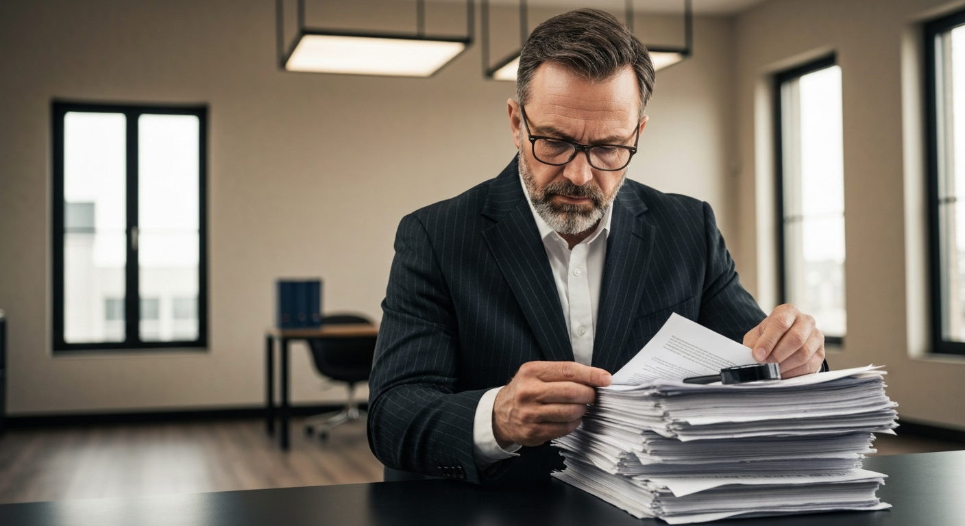 Professional criminal defense lawyer reviewing police reports and breathalyzer results in a modern law office