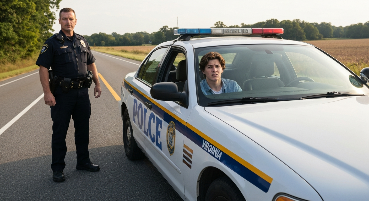 Teenage driver pulled over by a police car on a Virginia road during the day