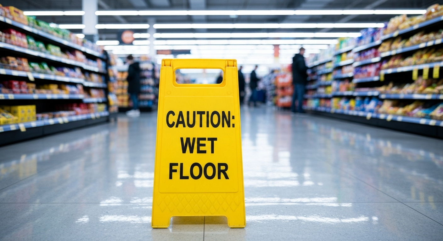 Hazardous wet floor in a commercial grocery store aisle with a yellow caution sign representing a slip and fall injury scene