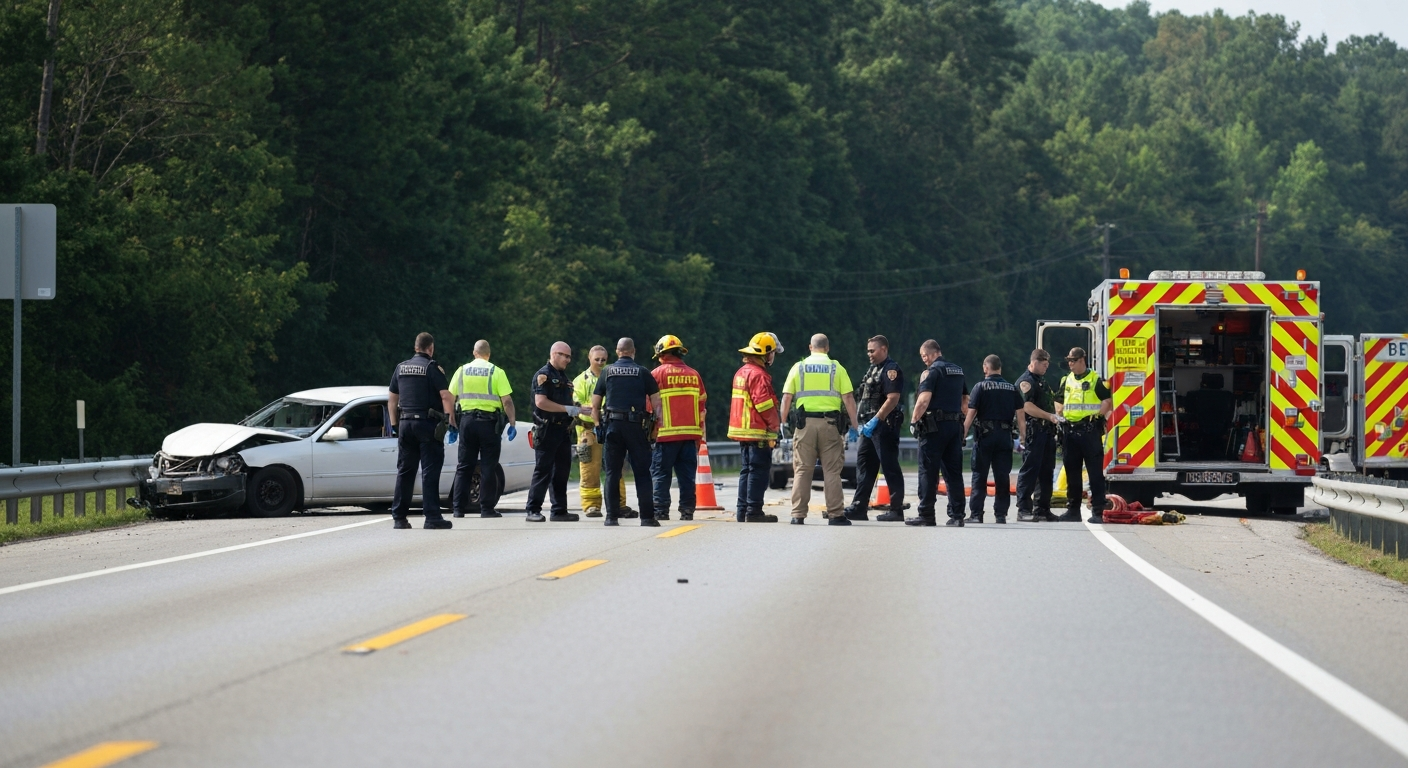 Serious car accident scene on a Virginia highway with emergency responders
