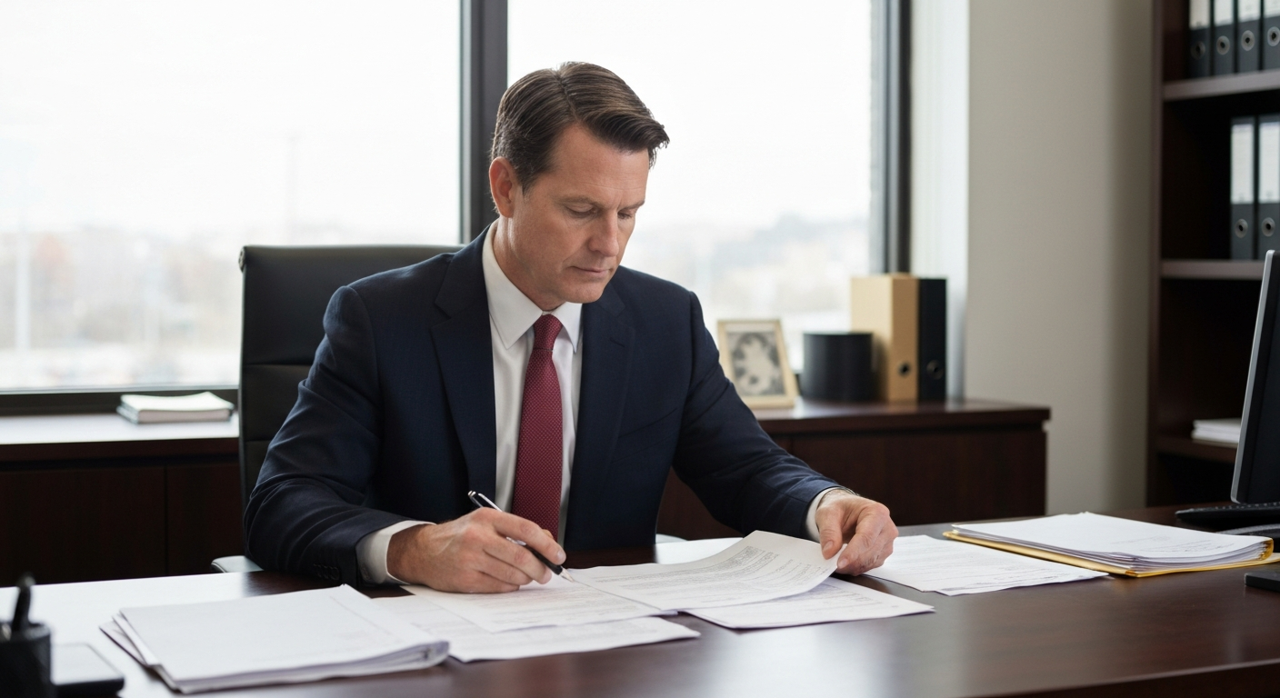 A professional criminal defense lawyer reviewing legal documents and police reports in a modern law office representing DWI defense