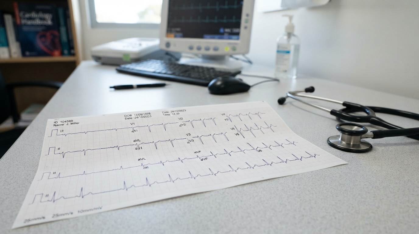 Tira de electrocardiograma (ECG) con el trazado característico de los latidos cardíacos