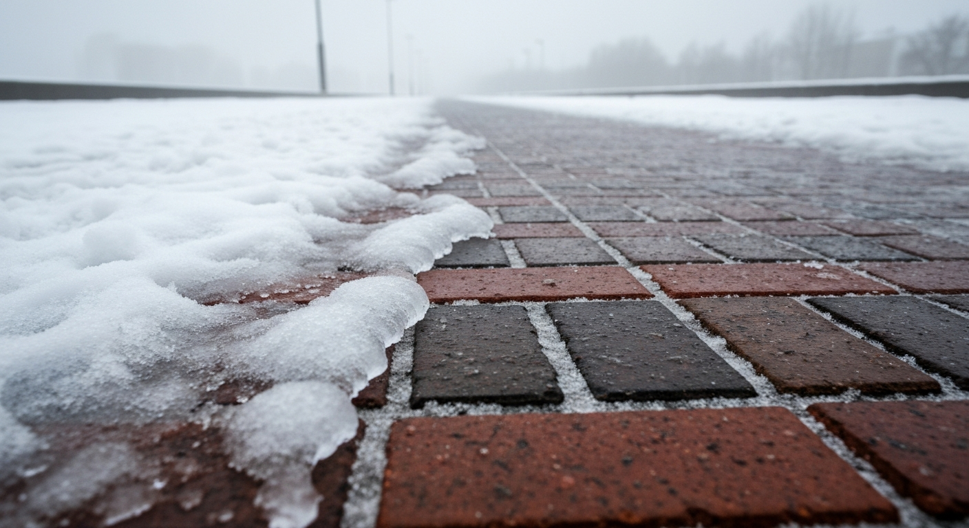 Hielo y nieve en aceras de ladrillo