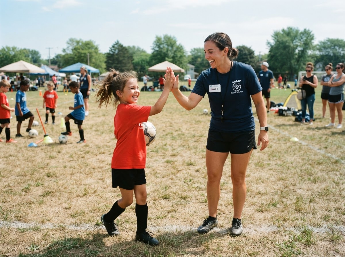 Coach high-fiving a young athlete after a drill