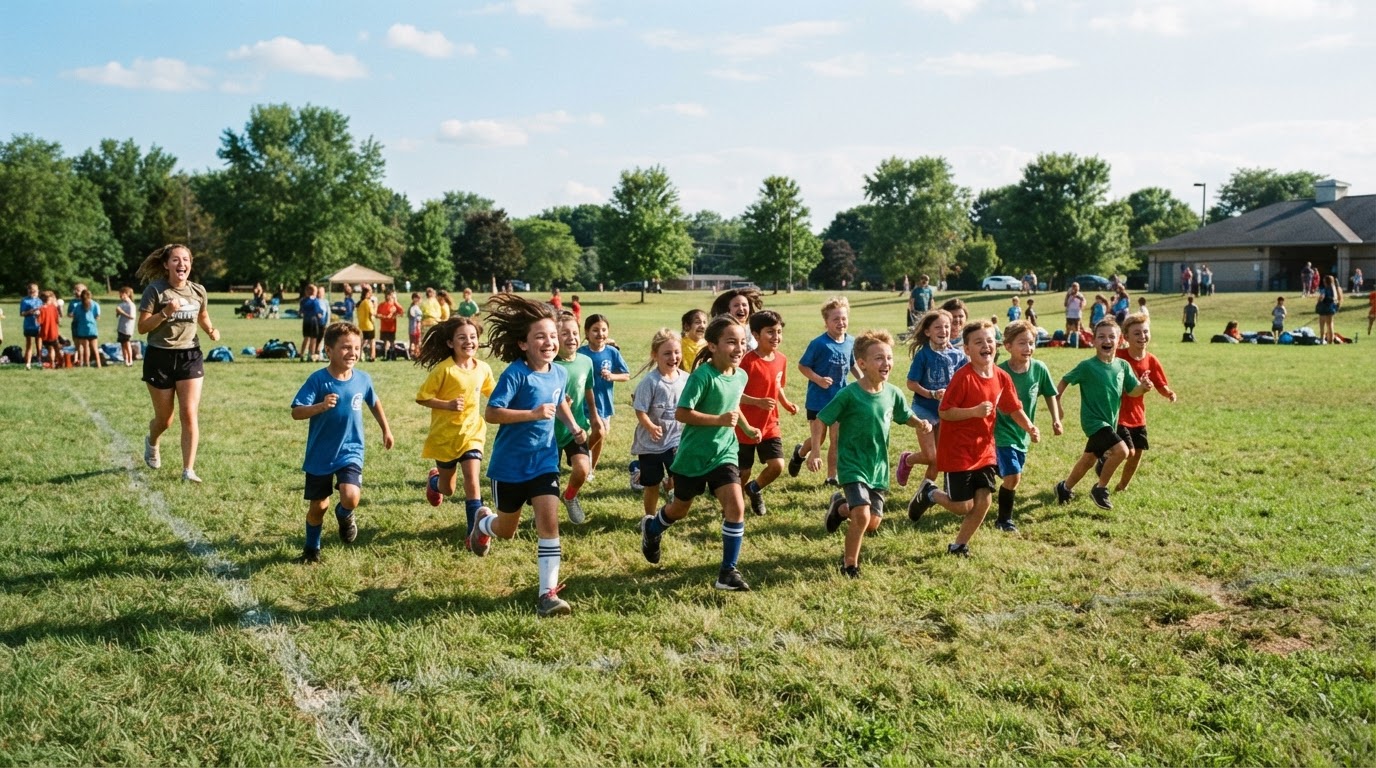 Children running across a field during a Better Life Fitness sports camp in Drayton Valley