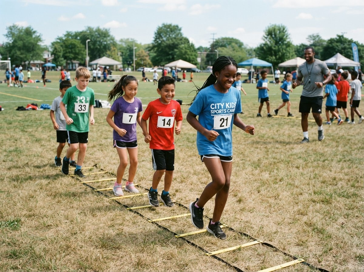 Kids running agility ladder drills at summer sports camp