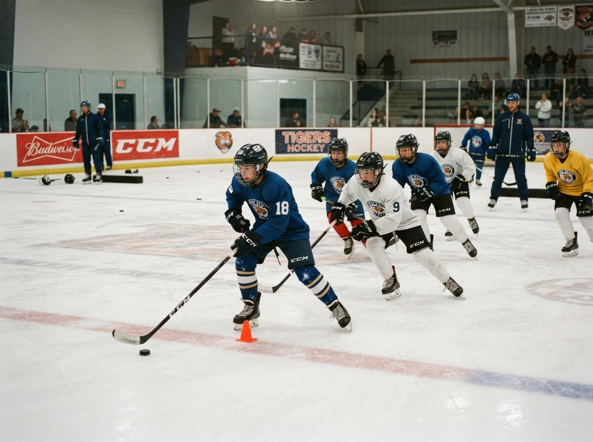 Youth hockey players skating during a summer hockey camp