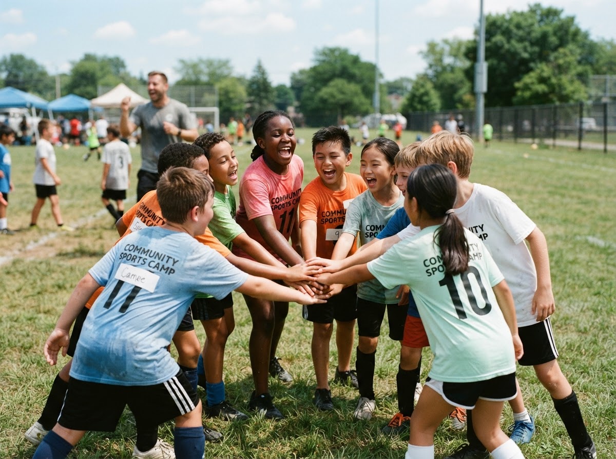Youth athletes doing a team huddle cheer at camp