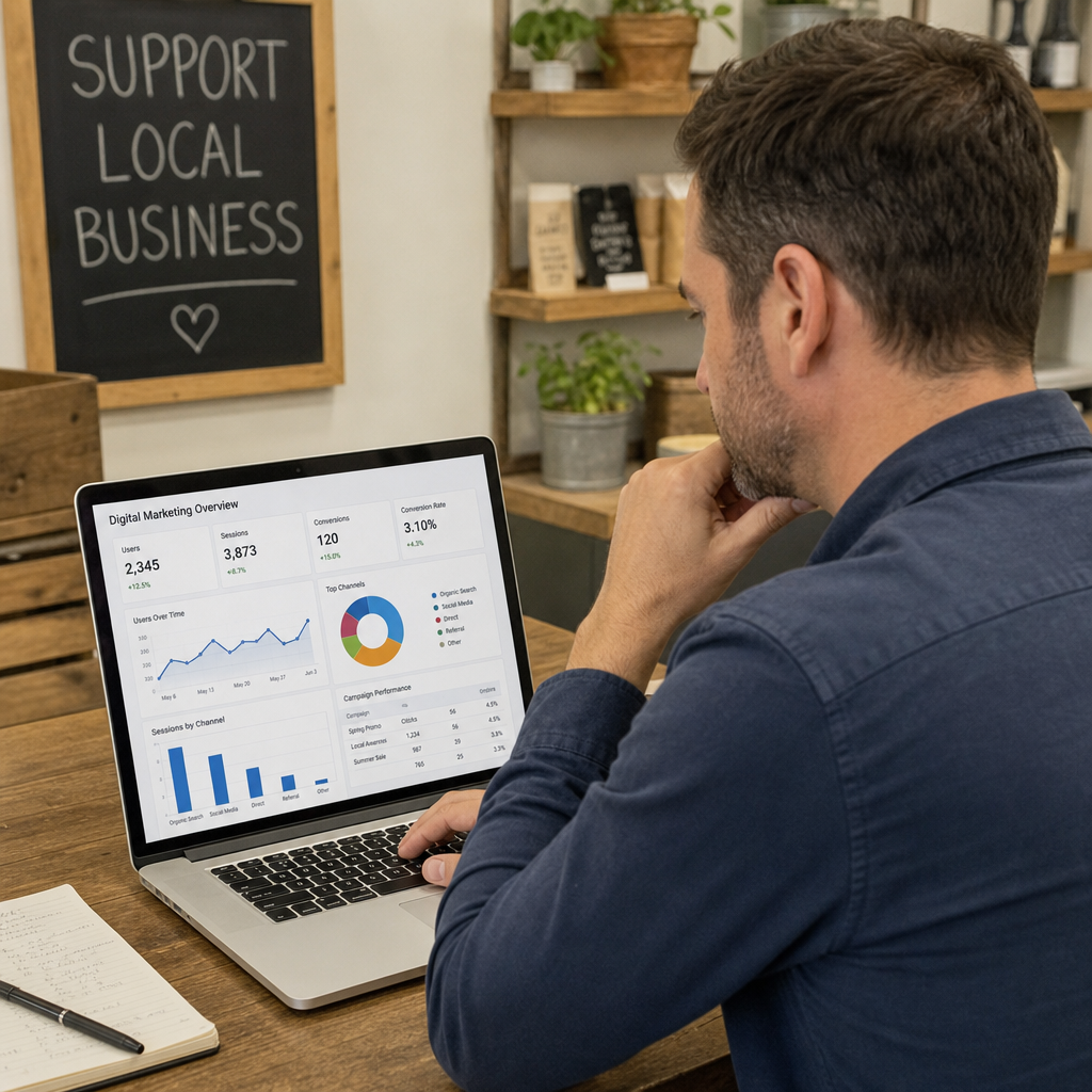 Local business owner reviewing digital marketing analytics on a laptop