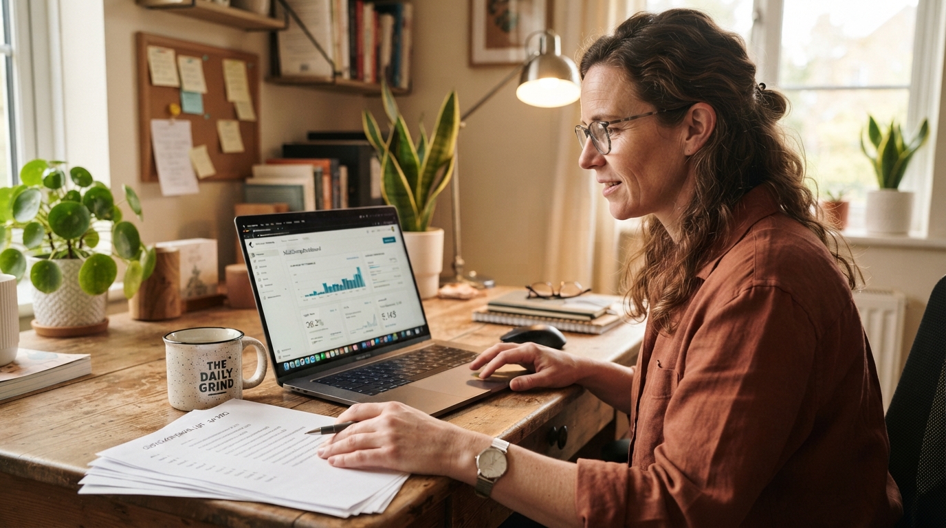 A business owner reviewing an email marketing dashboard with a customer list on a laptop