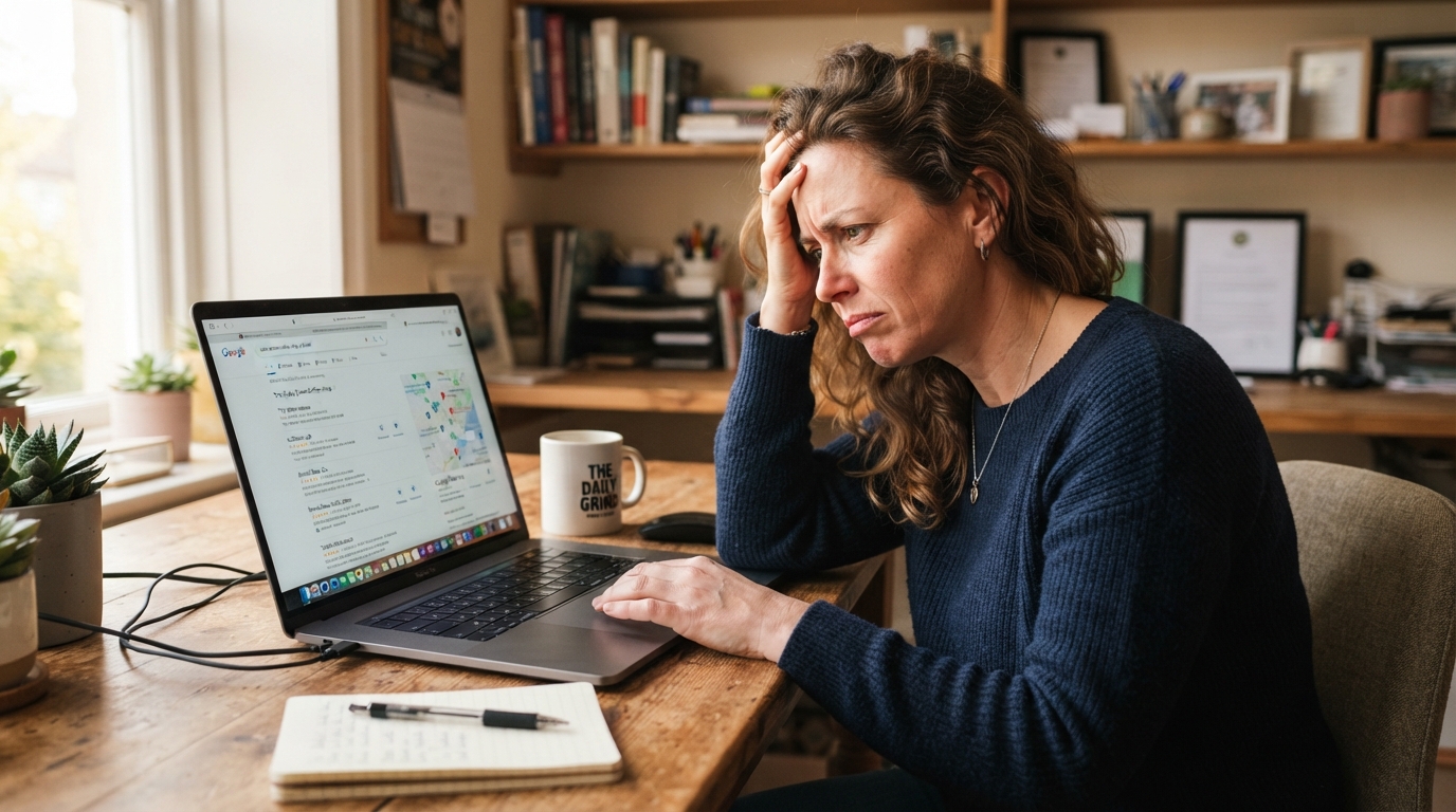 A small business owner looking frustrated at a laptop where their business is not appearing in Google search results