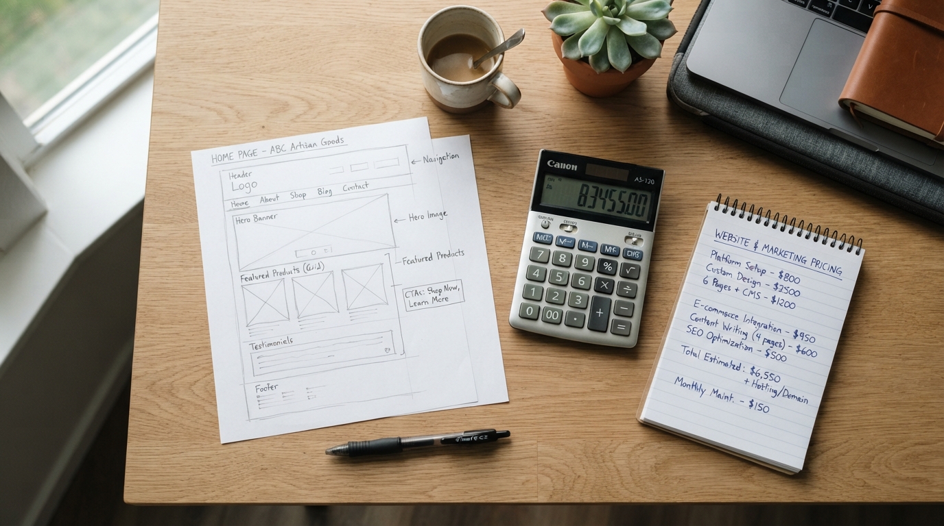 Website wireframe sketches on a desk next to a calculator and pricing notes