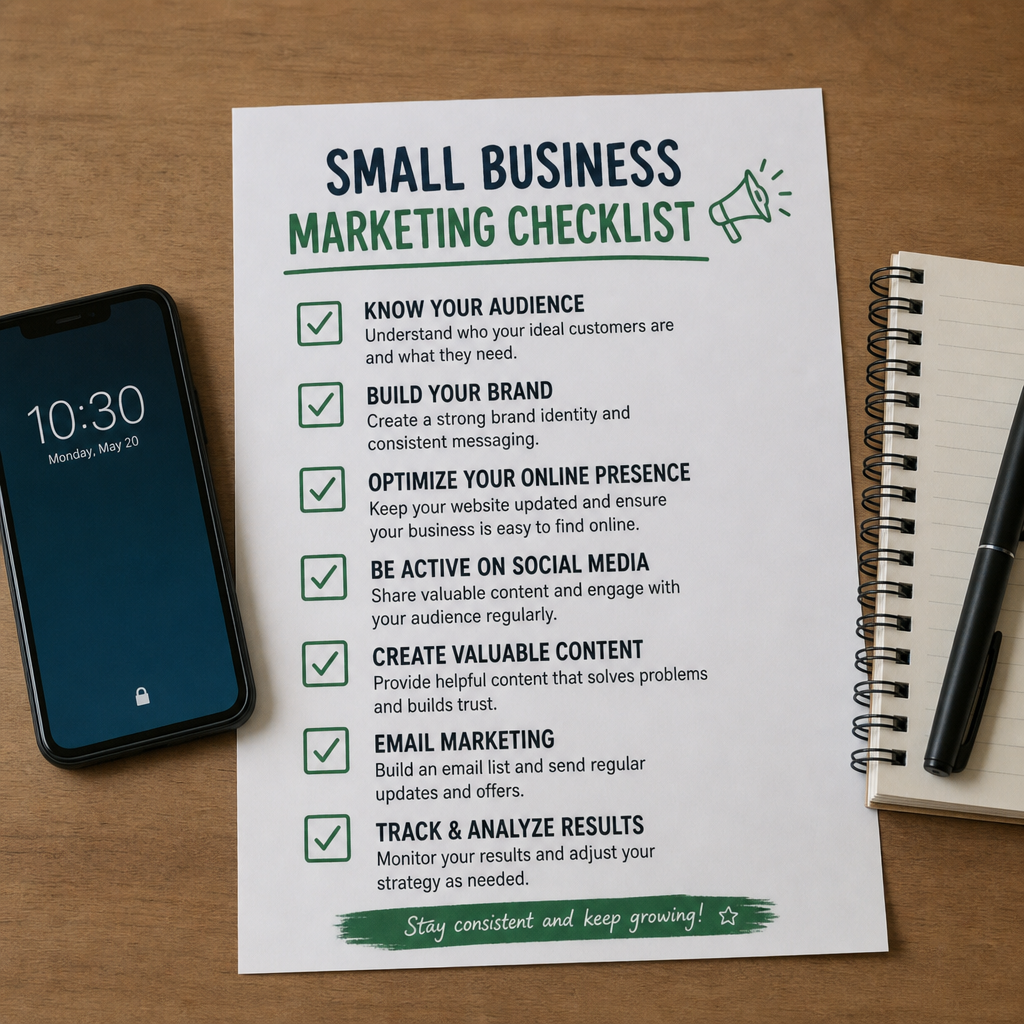 Small business marketing checklist beside a phone and notebook