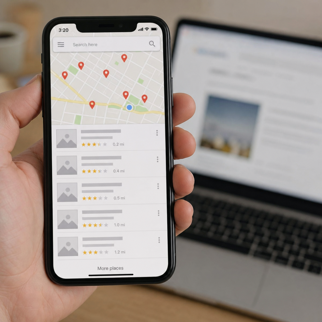 Hyper-realistic close-up of a smartphone showing a generic local map listing interface