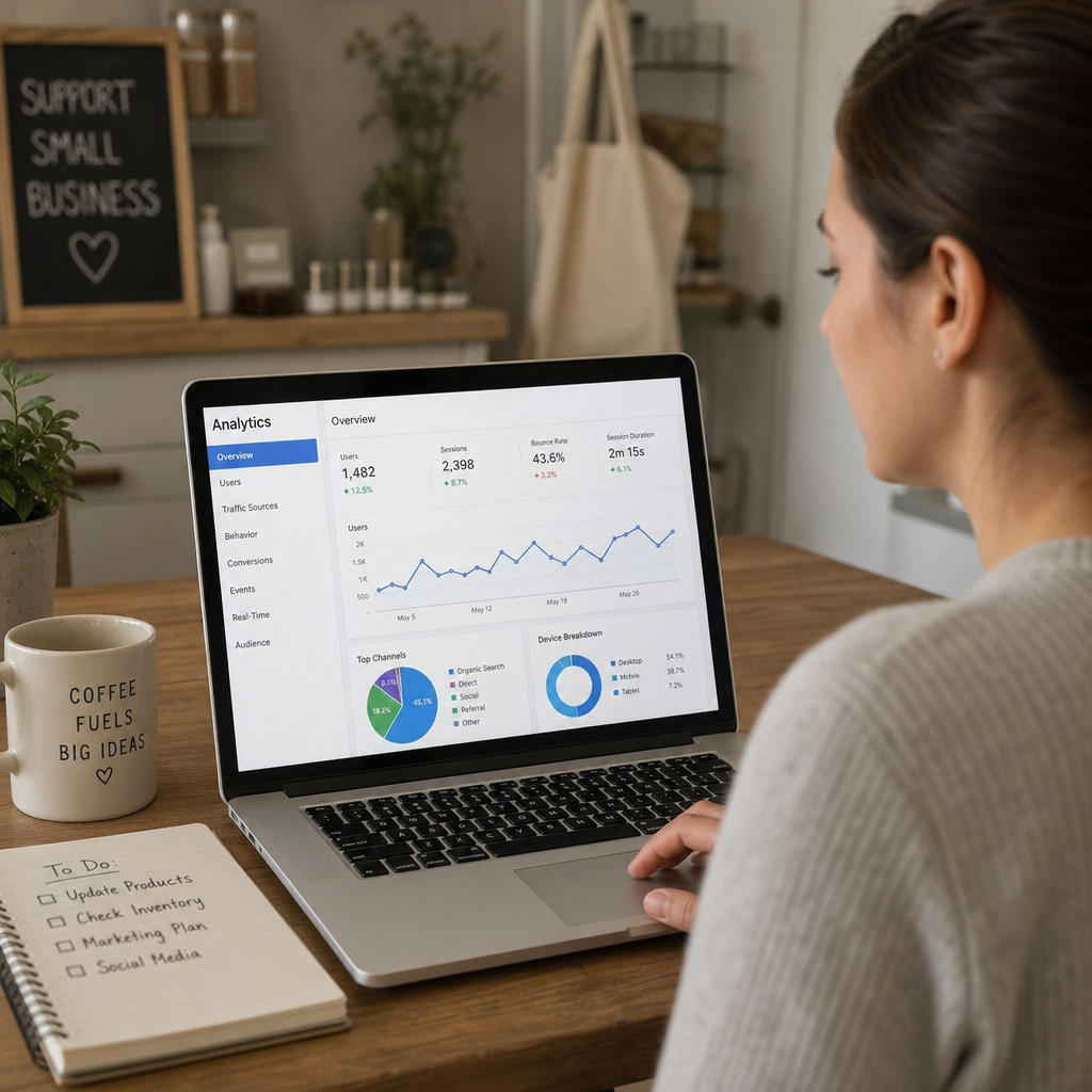 Small business owner reviewing website analytics on laptop
