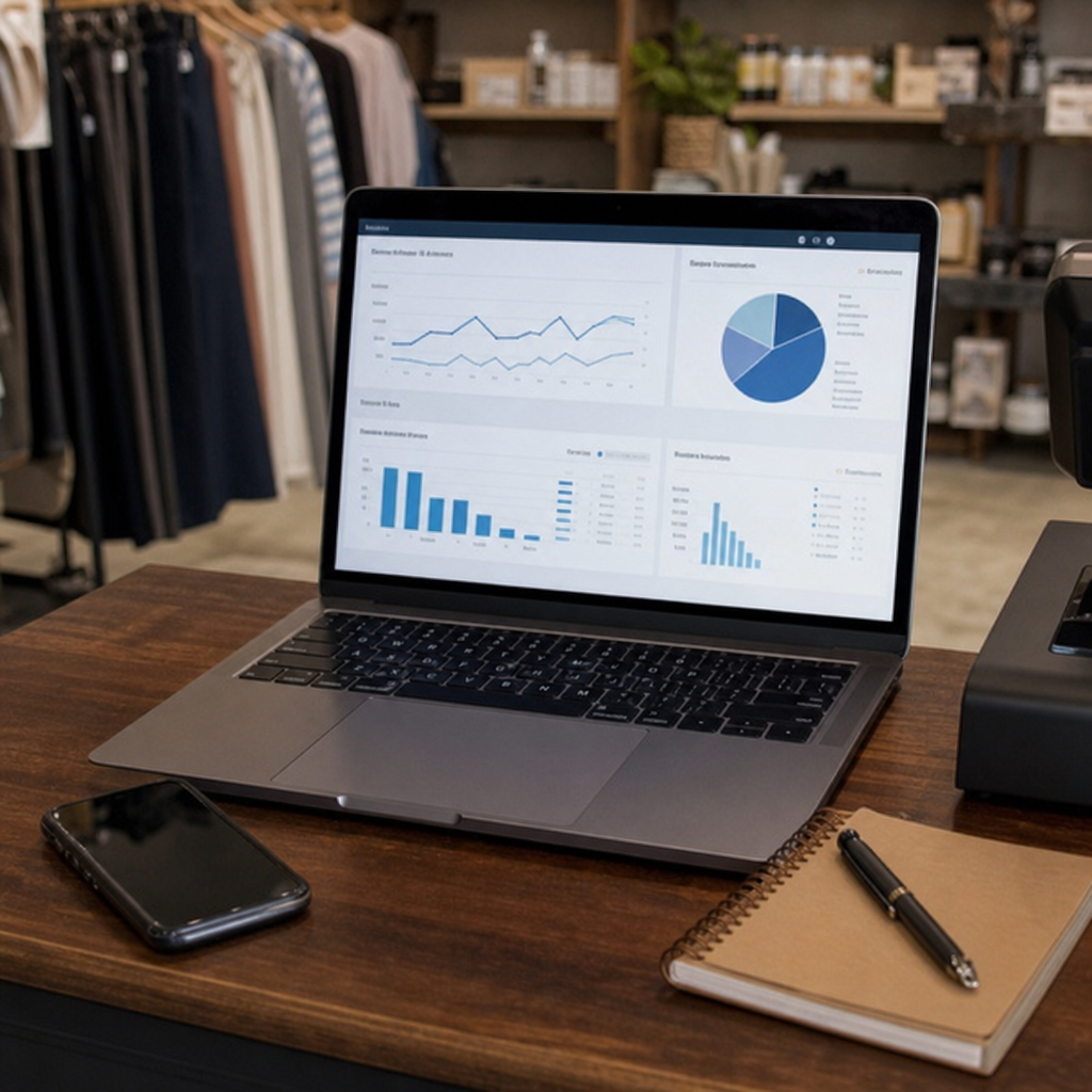 Hyper-realistic photo of a laptop displaying marketing analytics charts on a small business desk