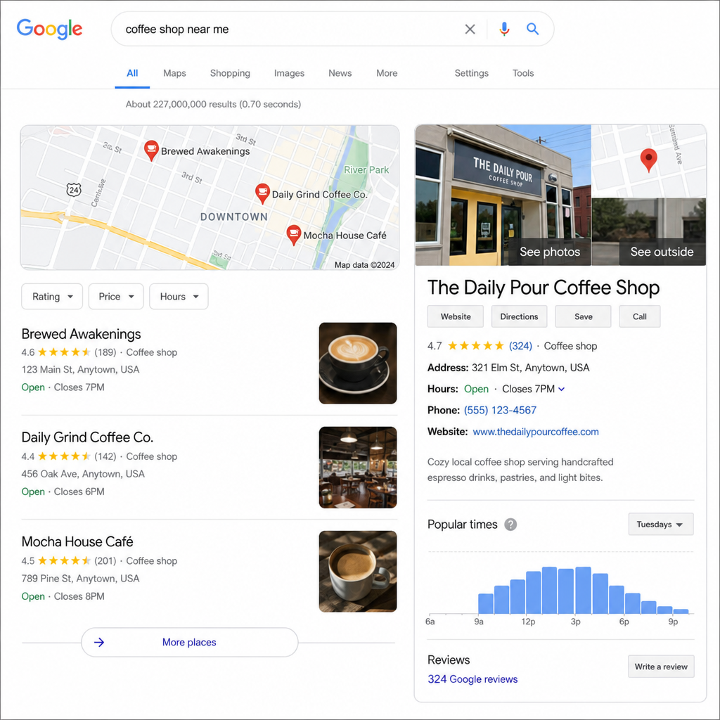 Local business website displayed beside search results and map listing on desktop