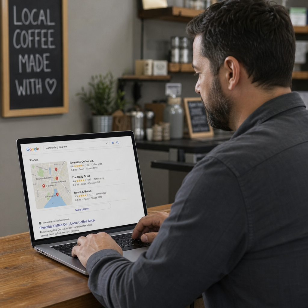 Local business owner reviewing search results on a laptop