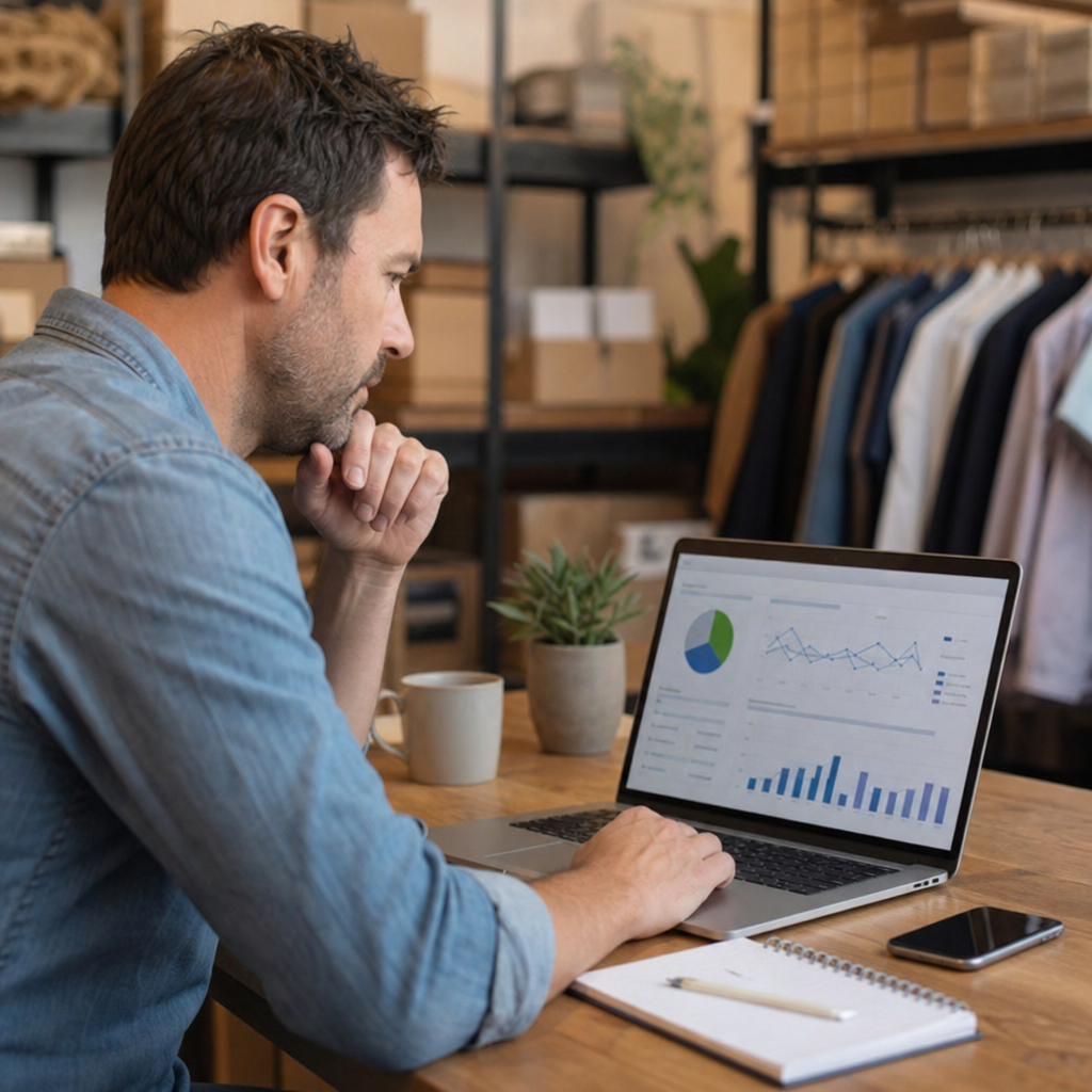 Photorealistic small business owner reviewing SEO analytics on a laptop in Troy, IL