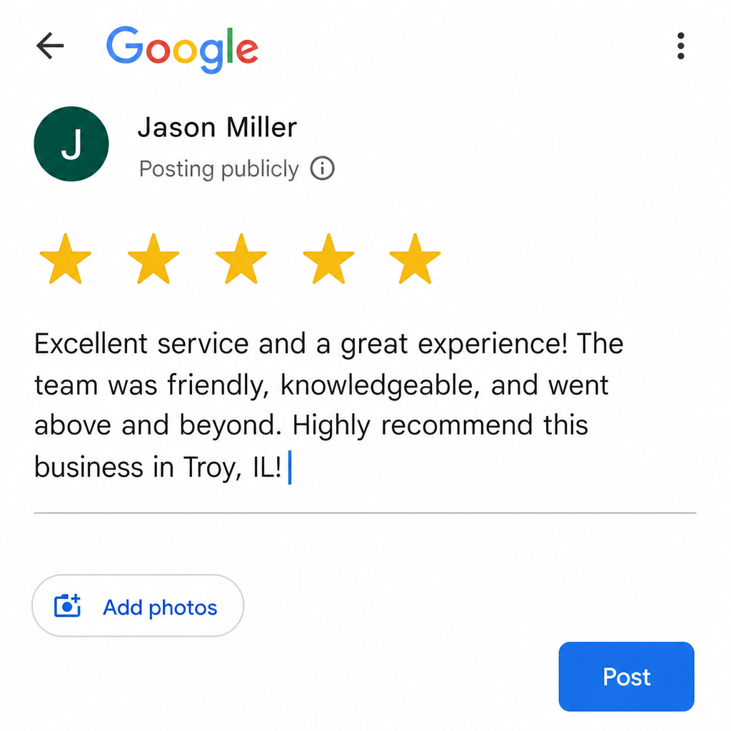 Customer leaving a 5-star Google review for a local Troy IL business