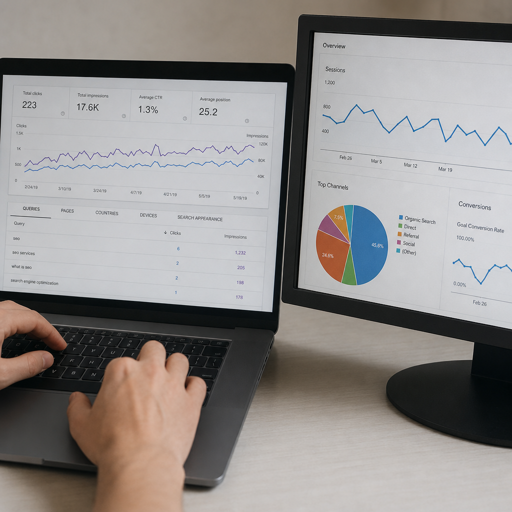 Hyper-realistic photo-style close-up of hands typing on a laptop beside analytics dashboards with SEO performance graphs