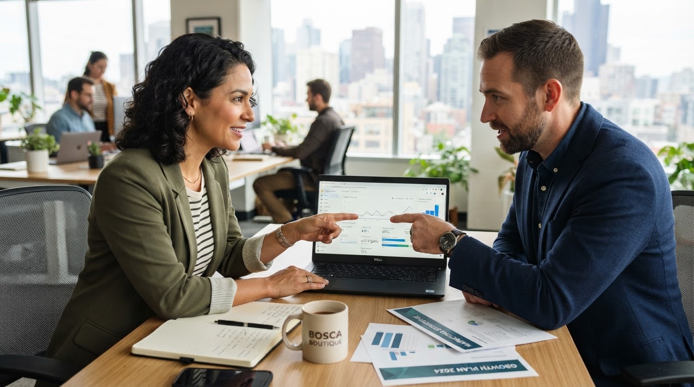 Small business owner reviewing marketing strategy and analytics with a consultant